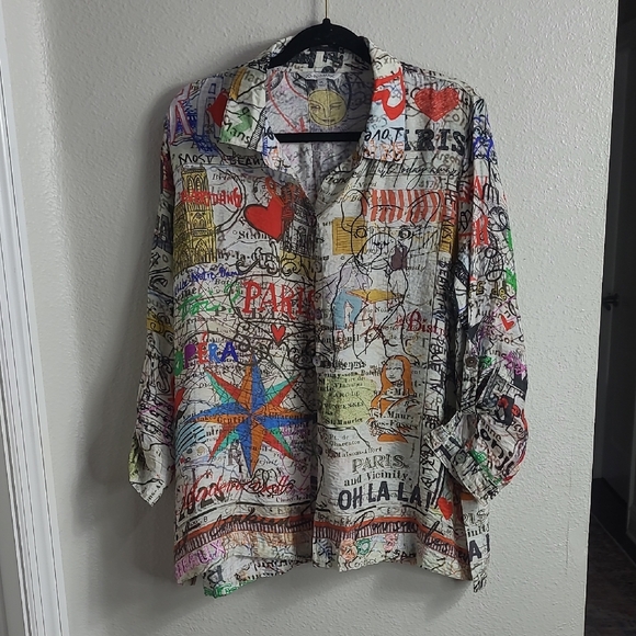 John Mark Tops - John . Mark Colorful Paris Print Button-Up Shirt  Light Party Vacation Size L/P